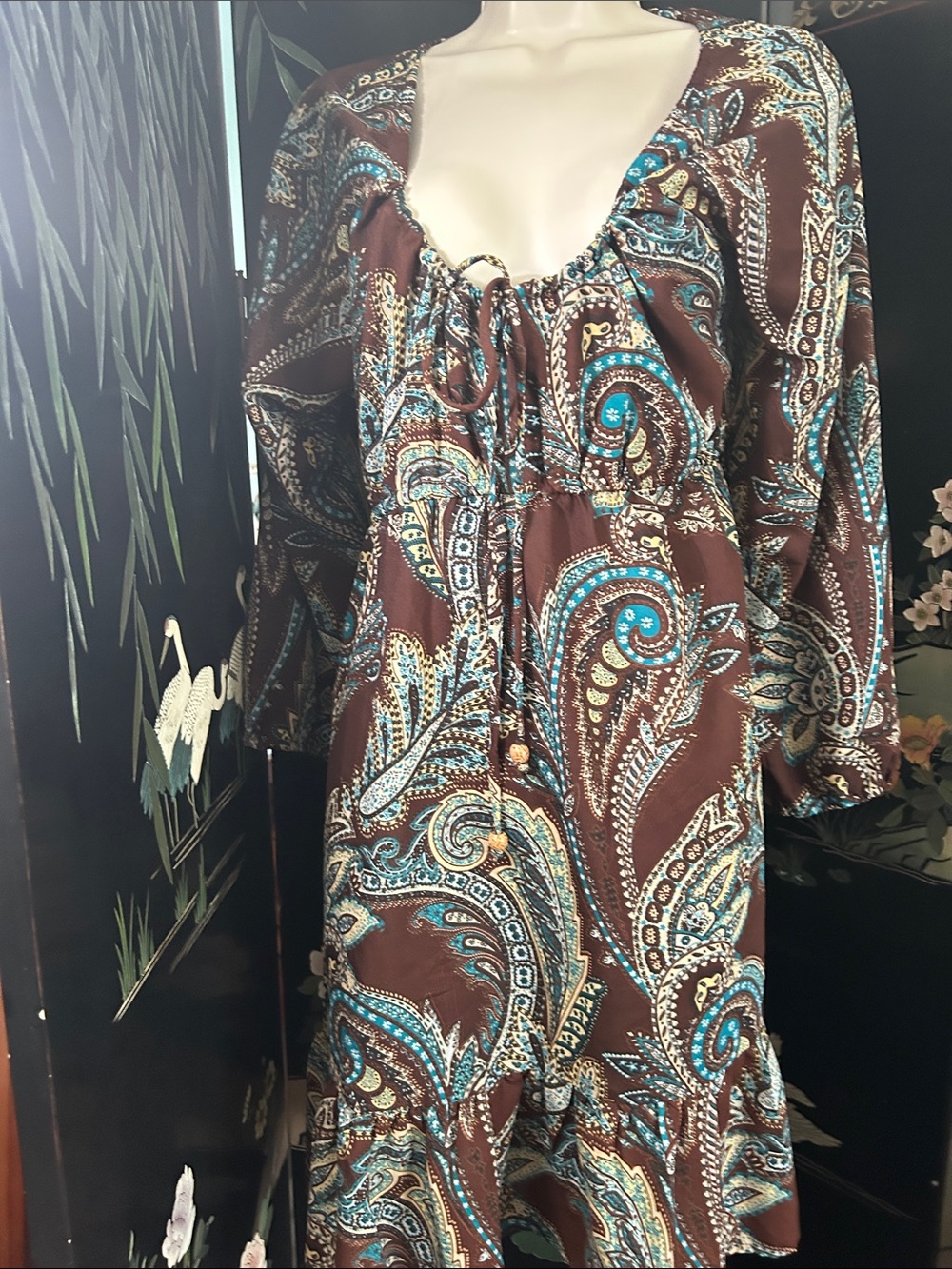 EARTHBOUND Brown Paisley Dress with Teal and Cream Accents